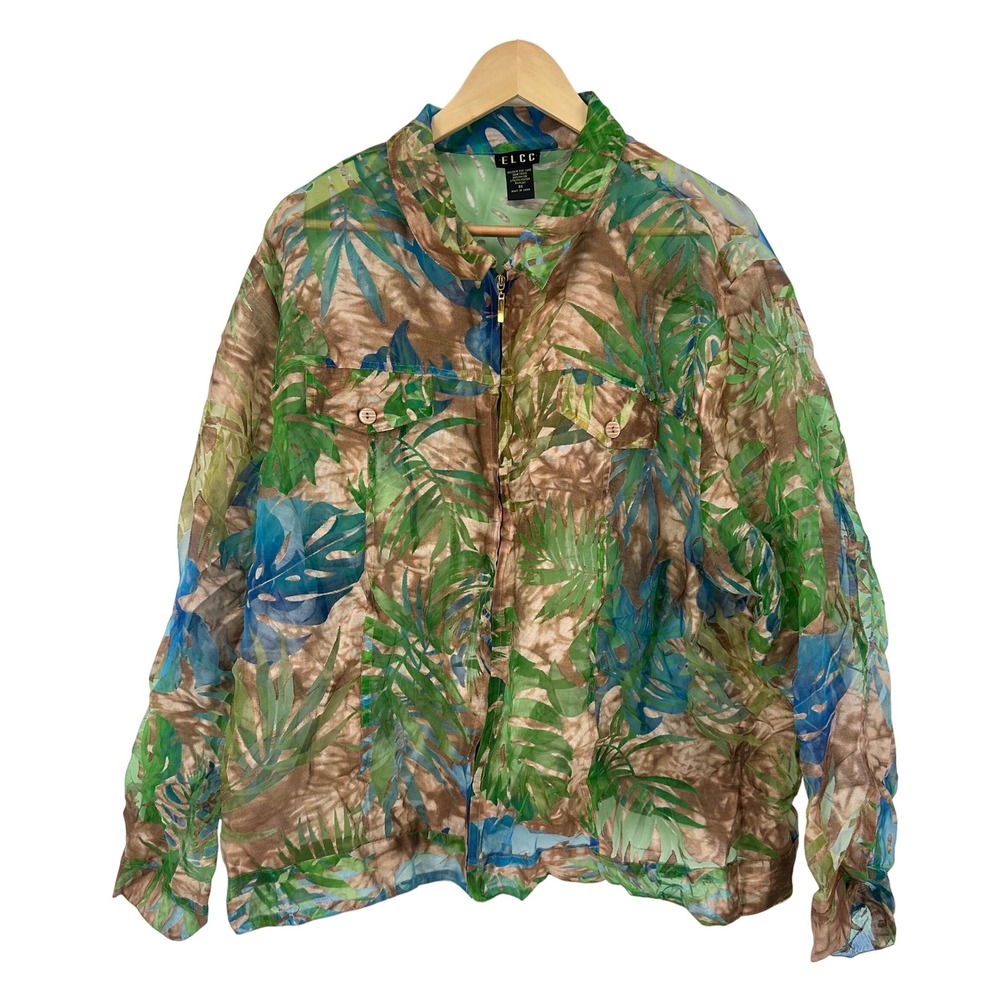 ELCC Tropical Sheer‎ Jacket Lightweight Button Up 3X Safari Resort Flax Blend
